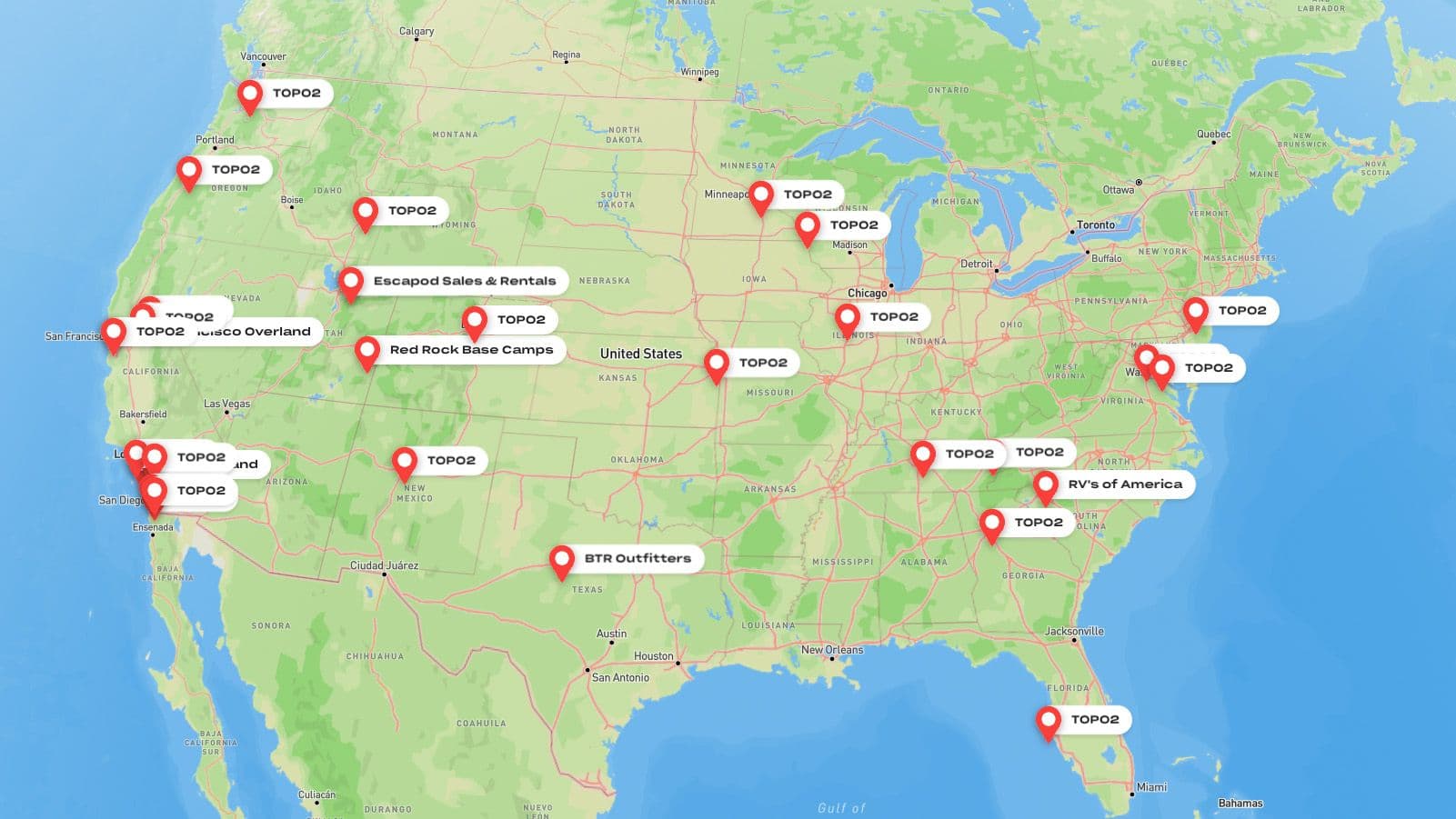 A map of the lower 48 united states with pins throughout the country highlighting where Escapod dealers and ambassador trailers are located.