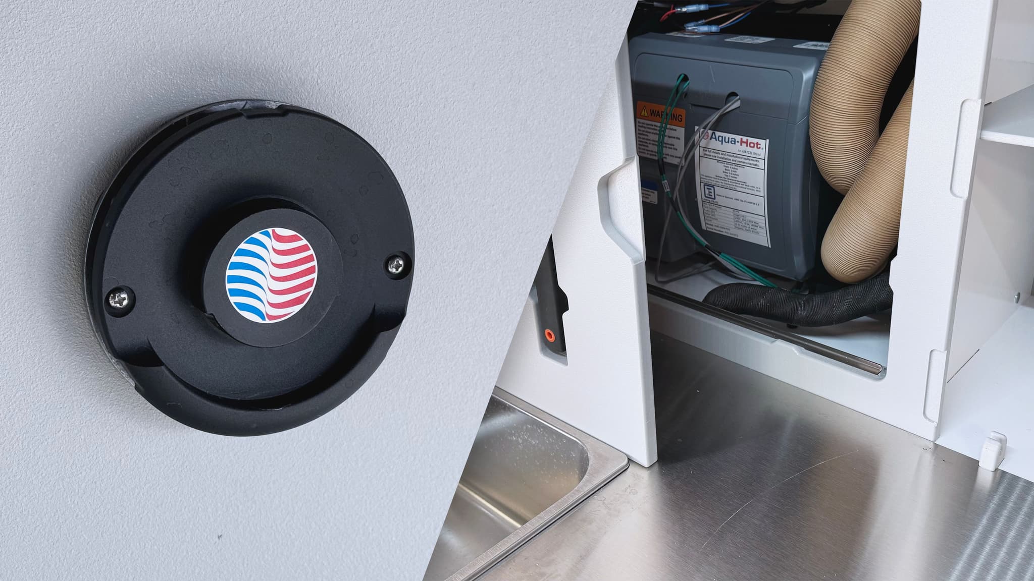 A split view image of the Aqua-Hot exterior cowl on the Escapod TOPO2, with another photo of the Aqua-Hot unit installed in the galley of the trailer.