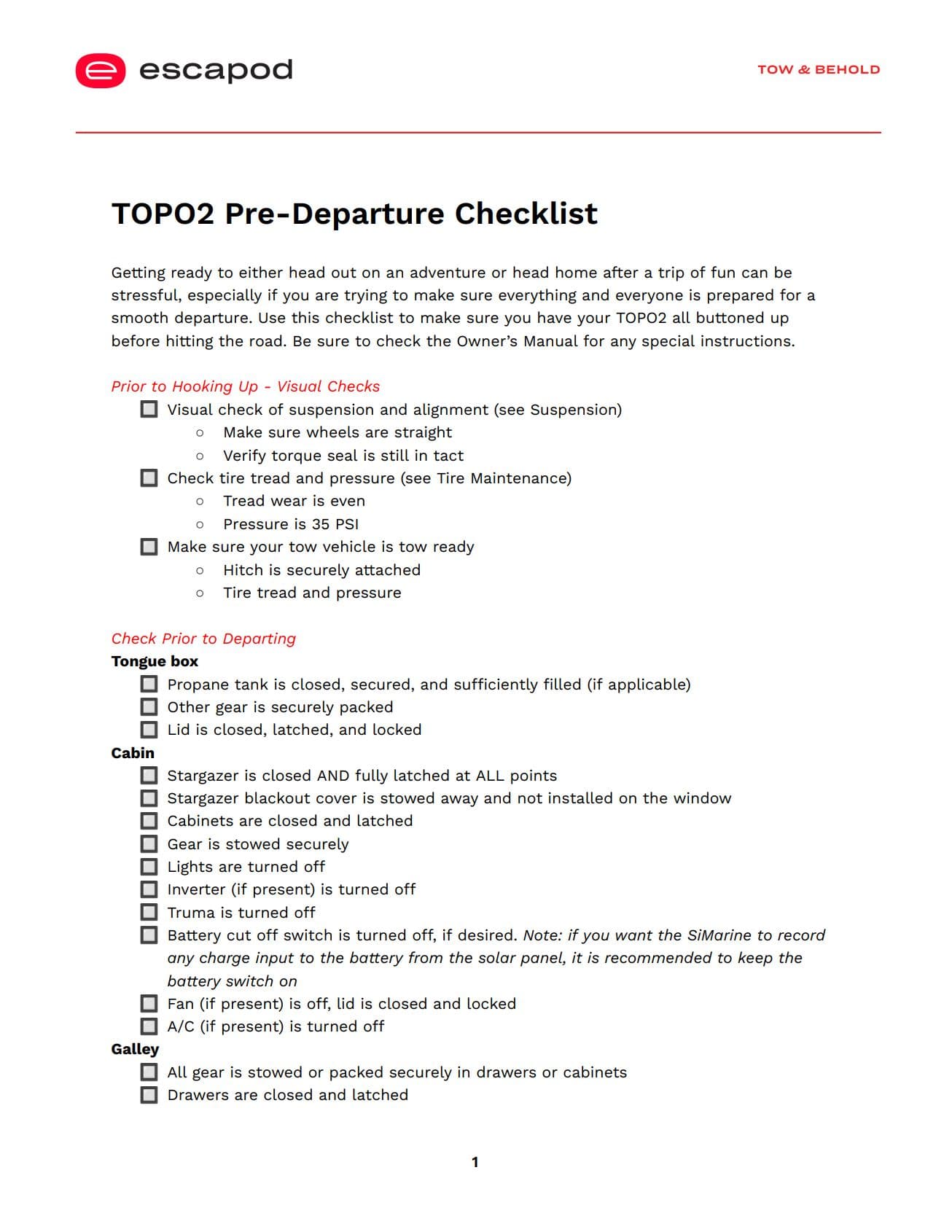 Screenshot of Escapod TOPO2 Pre-Departure Checklist