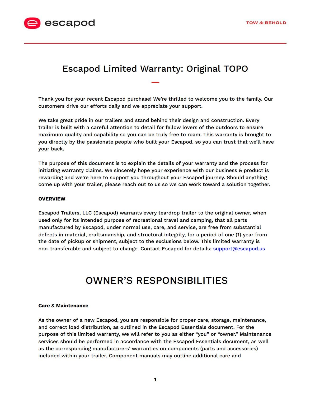 Screenshot of Escapod Original TOPO Series Limited Warranty